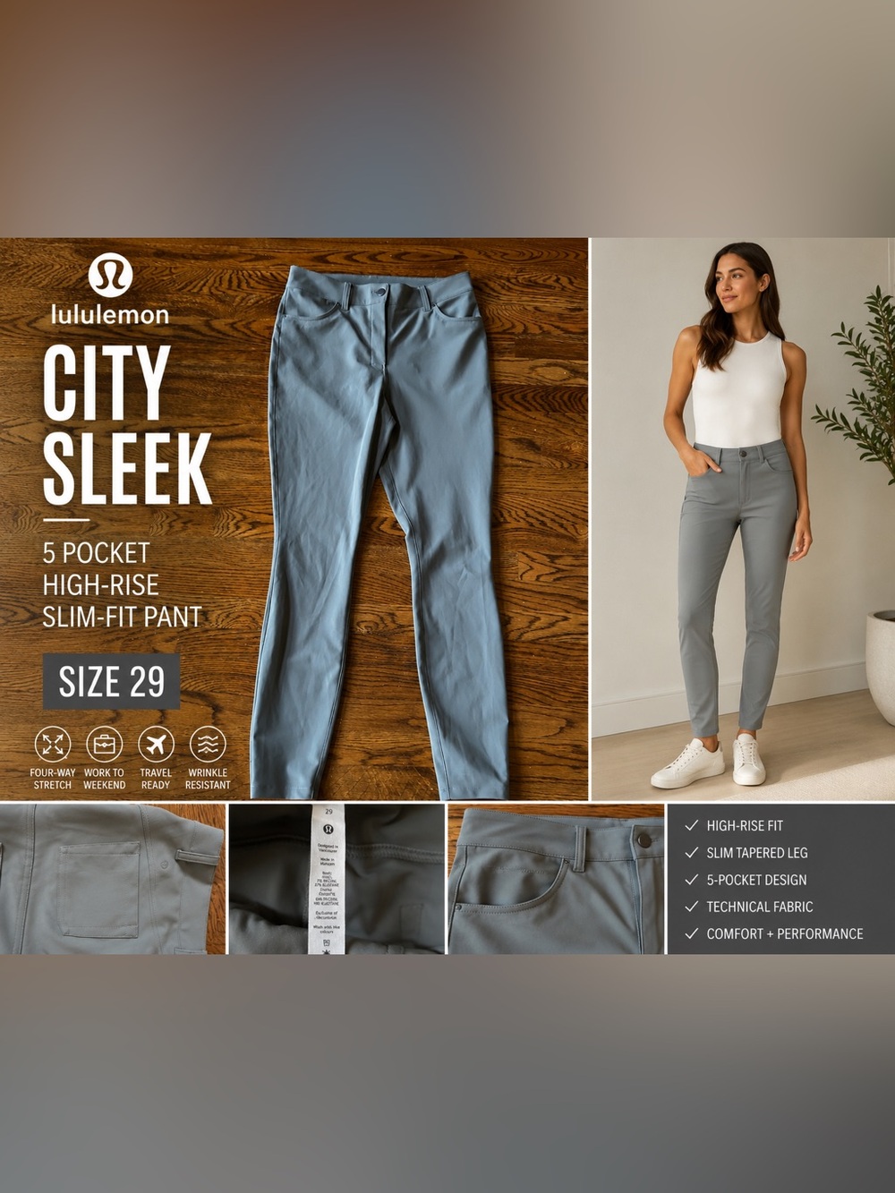 Lululemon City Sleek 5 Pocket High-Rise Slim-Fit Pant Size 29 Gray